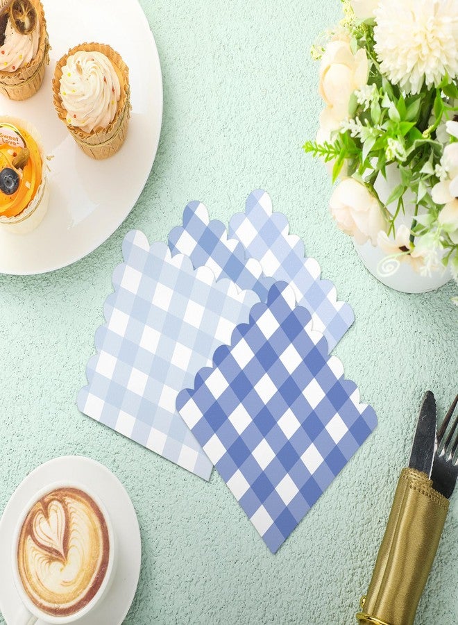 Weekgrat 100 Pack Gingham Paper Napkins Plaid Scalloped Cocktail Disposable Checkered Paper Napkin for Guest Wedding Birthday Party Baby Shower Supplies 5 x 5 Inch(Blue White) - Image 3